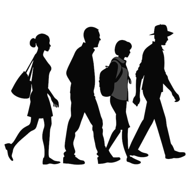 Photo silhouette of group of a people walking on white background