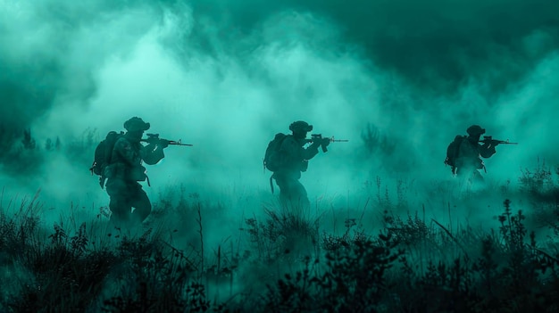 Silhouette of a group of soldiers on a background of red and blue smoke