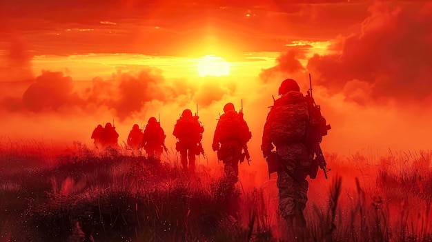 Silhouette of a group of soldiers on a background of red and blue smoke