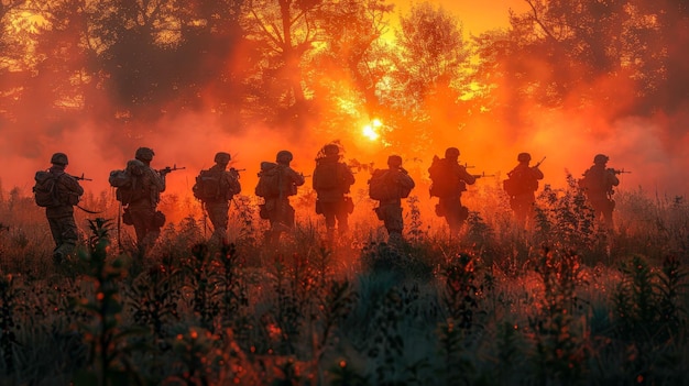 Silhouette of a group of soldiers on a background of red and blue smoke