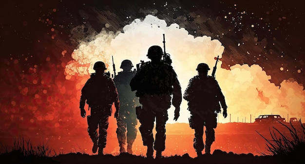 Silhouette of group of soldiers with weapons against the background of sunset and explosions Generative AI