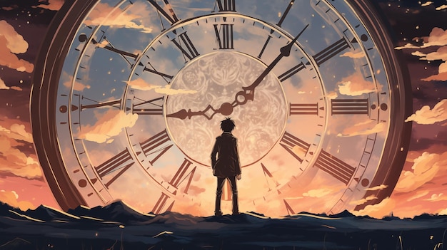 Photo silhouette of a guy standing near a giant clock in the desert digital concept illustration painting