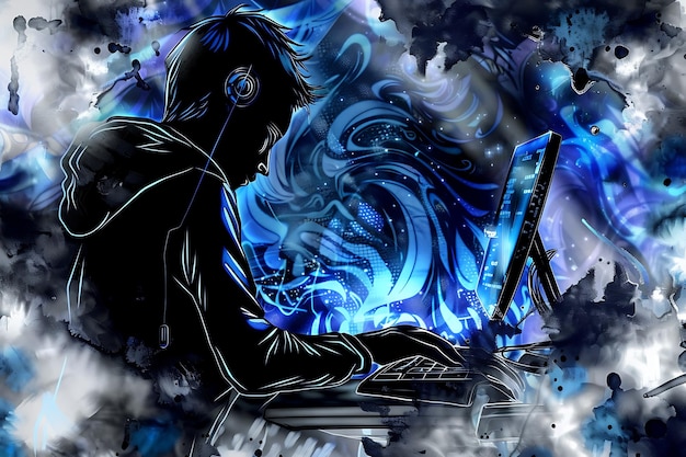 a silhouette of a hacker behind a computer representing cybersecurity threats and digital