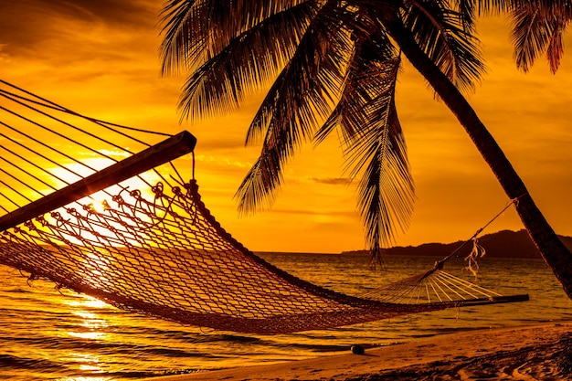 Silhouette of hammock and palm trees on a beach at sunset