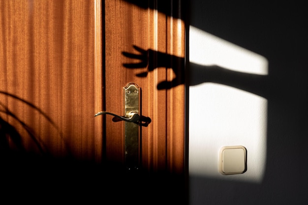 Silhouette of a hand shadow going to open a door concept of\
burglars and burglary in private homes