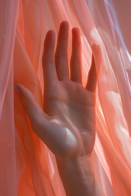 Foto silhouette di una mano dietro un tessuto rosa traslucido in luce morbida