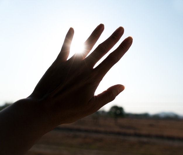 Silhouette of hand with sunset