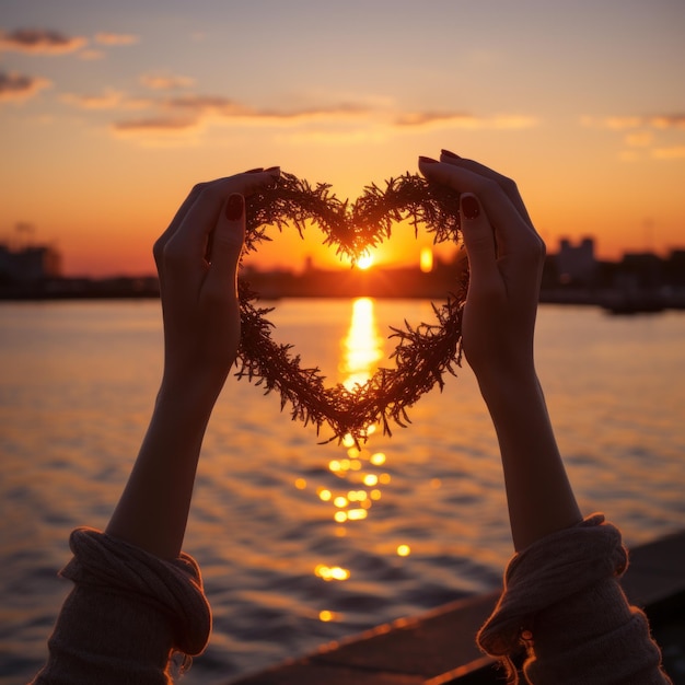 Silhouette of hands forming heart shape with sunset backround