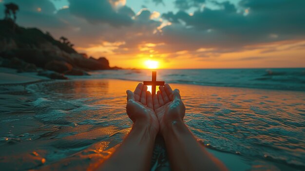 Silhouette of hands holding a wooden cross on sunset sky background