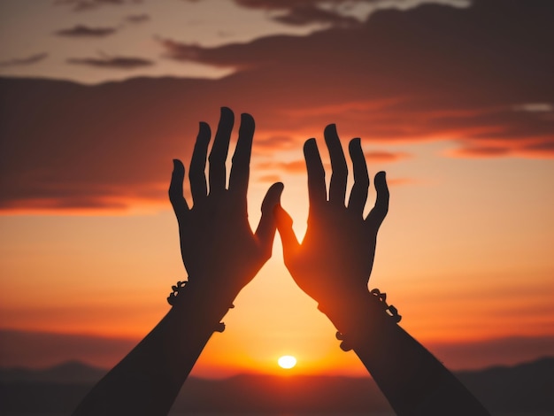 Silhouette of hands reaching out sunset