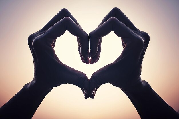 Foto silhouette mani a forma di cuore d'amore