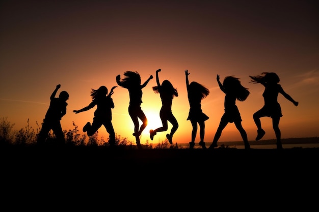 Photo silhouette of happy children boys and girls jumping and dancing in sunset sky evening time background as successful happiness and careless concept free copyspace for text and banner generative ai