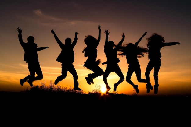 Силуэт счастливых детей мальчиков и девочек, прыгающих и танцующих в закатном небе, вечернее время, фон как успешное счастье и беспечная концепция.
