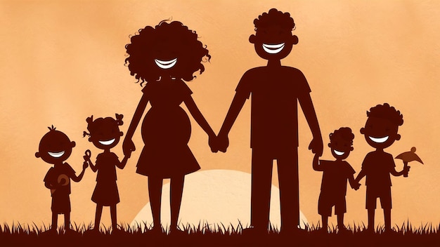 silhouette of a happy family of five people mother father baby child and infantwomen prenancy
