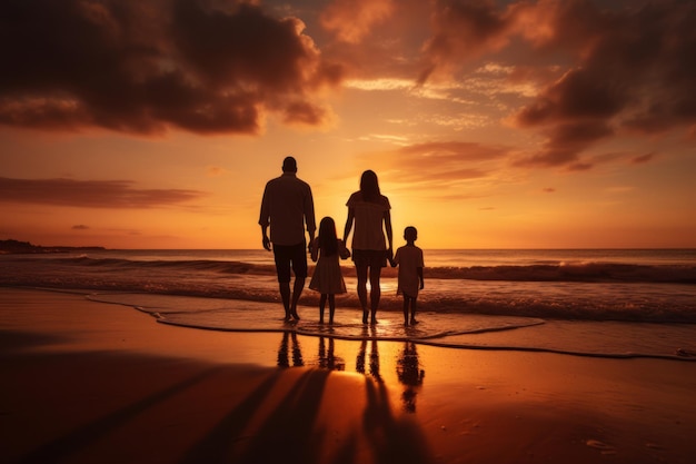 Silhouette of happy family holding hands enjoying sunset on beach