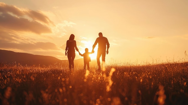 夕暮れの草原で歩いている幸せな家族のシルエット 母父と子供の息子が外で楽しんで一緒に時間を楽しんでいる 家族は精神的健康と幸せなライフスタイルコンセプトを愛しています