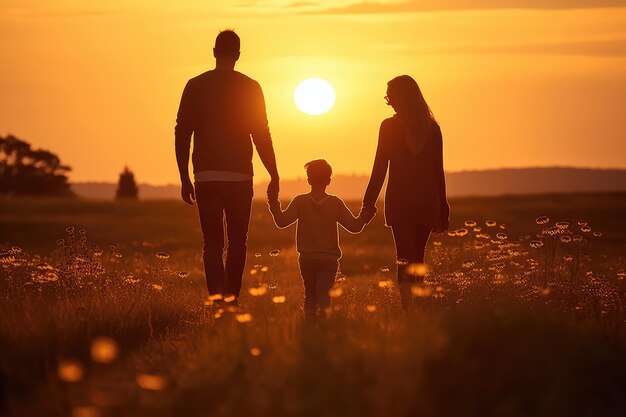 Silhouette of happy family walking in the meadow at sunset