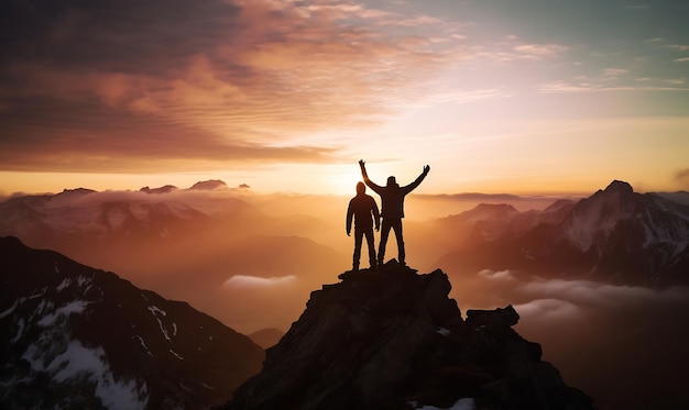 Silhouette of happy father and son standing on top of the mountain at sunrise