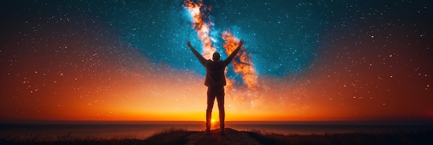Foto silhouette di un uomo felice in piedi su uno sfondo di un cielo blu notturno stellato con una via lattea luminosa e stelle all'alba panorama del paesaggio