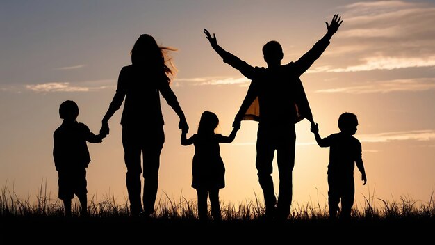 A silhouette of a happy young mother harmonious family outdoors
