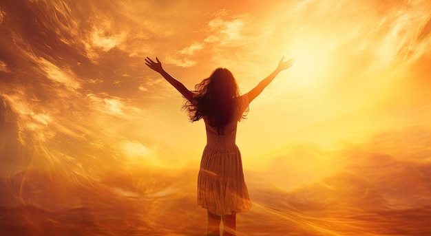 Силуэт счастливой молодой женщины с поднятыми руками на фоне заката