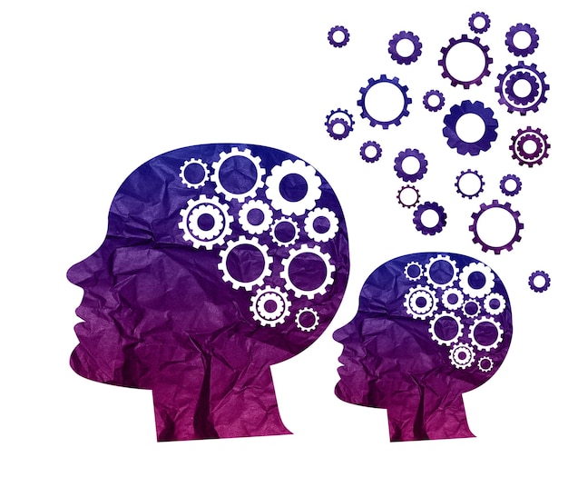 silhouette of a head and a brain consisting of cogs and flying away concept of searching for ideas mental health