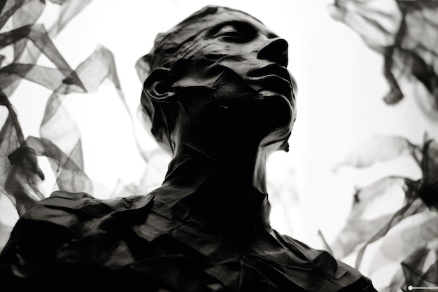 A silhouette of a head half filled with crumpled waste paper the other half spilling onto the reflective surface below A photograph depicting the feeling of anxiety Generative AI