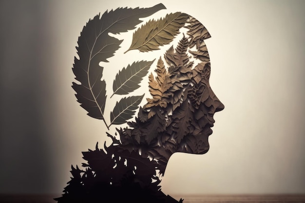 Silhouette Of Head And Shoulders Made Of Leaves And Root Generative AI