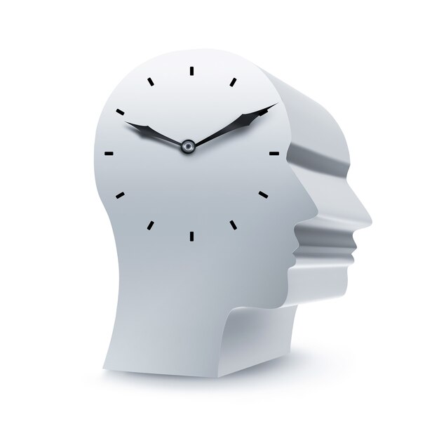 Silhouette of a head with clock on a white background