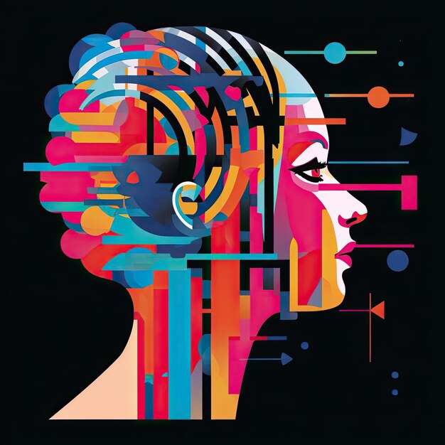 Photo silhouette of head with colorful shapes around it in the style of feminist iconography