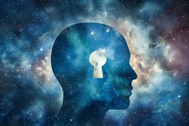 Photo silhouette of head with keyhole amidst stars psychotherapy and selfknowledge abstract concept exploring the minds cosmos