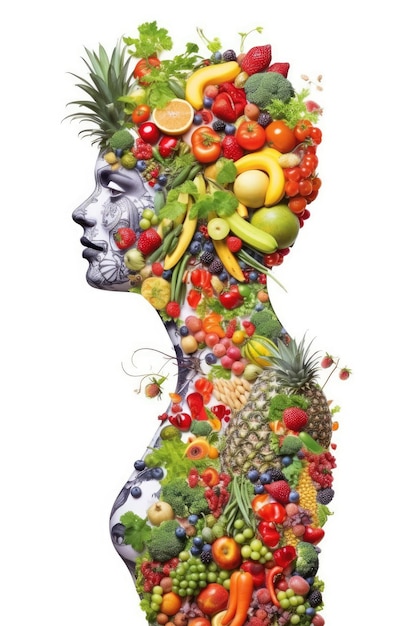 Silhouette of a healthy woman's body composed of vegetables with a white background representing healthy and vegetarian food Generative AI