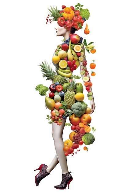 Silhouette of a healthy woman's body composed of vegetables with a white background representing healthy and vegetarian food Generative AI