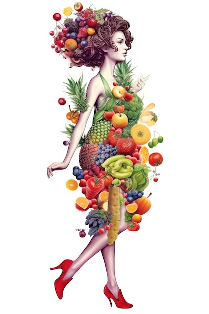 健康的でベジタリアンの食べ物を表す白い背景に野菜で構成された健康な女性の体のシルエット 生成 AI