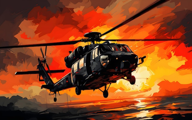 Silhouette of helicopter flying over illustration pain