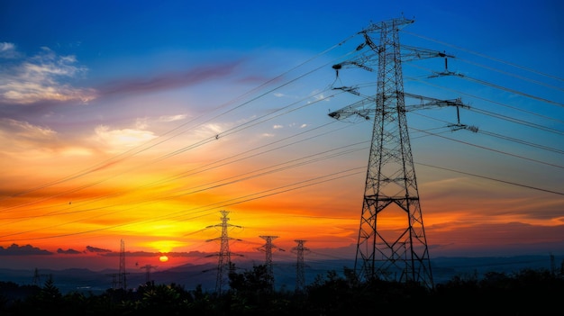 Silhouette High voltage electric tower on sunset time and sky on sunset time background