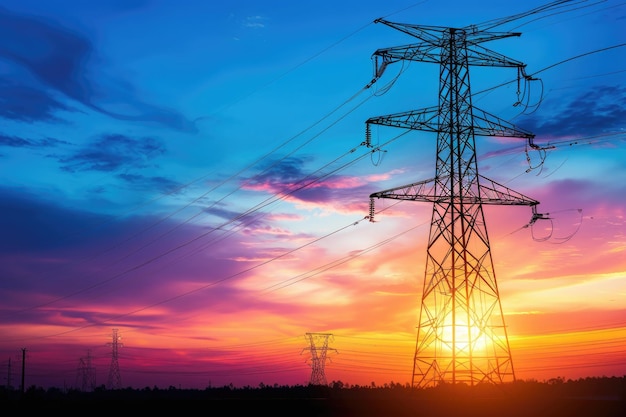 Silhouette High voltage electric tower on sunset time and sky on sunset time background