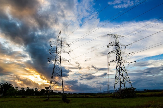 Silhouette of high voltage electrical pole structure