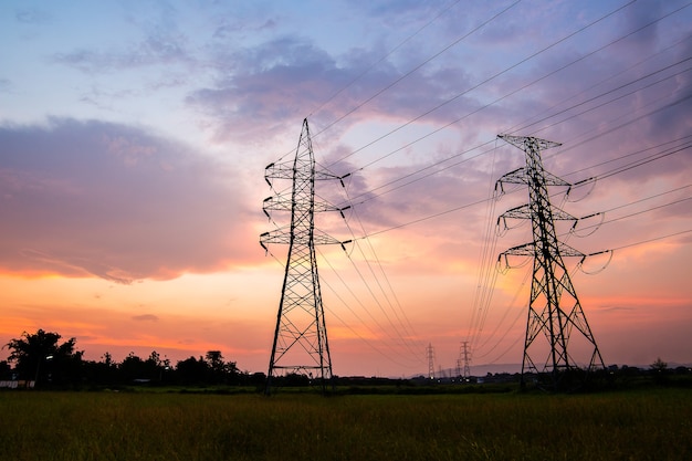 silhouette of high voltage electrical pole structure