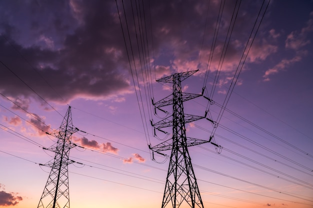 silhouette of high voltage electrical pole structure