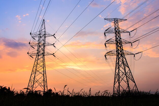 Silhouette of high voltage electrical pole structure