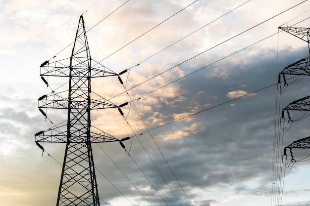 Silhouette of high voltage electrical pole structure