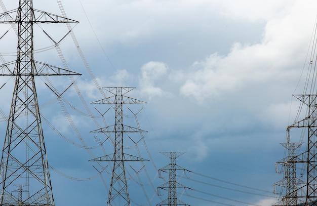 Silhouette of high voltage electrical pole structure