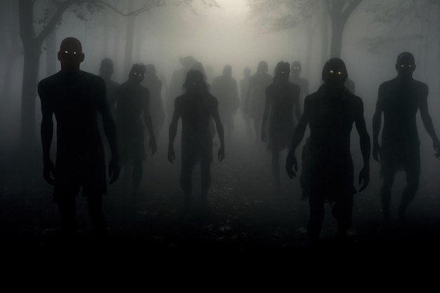 Photo silhouette of a horde of zombies walking towards the camera out of the mist generative ai