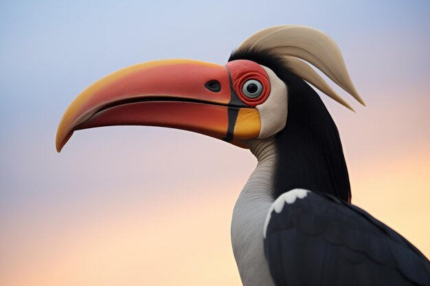 Silhouette of hornbill at dusk large bill prominent