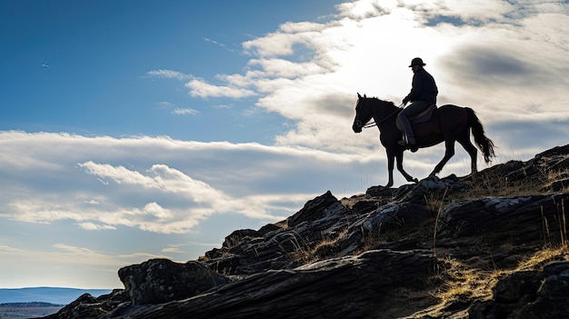 Silhouette of a horse rider on a cliff blue sky