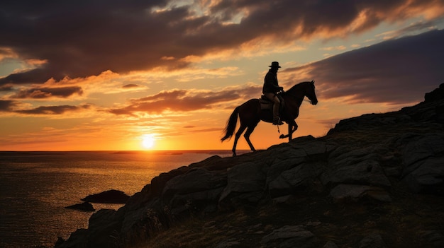 Silhouette of a horse rider on a cliff at sunset