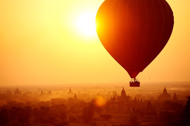 Silhouette of hot air balloon over Bagan in Myanmar