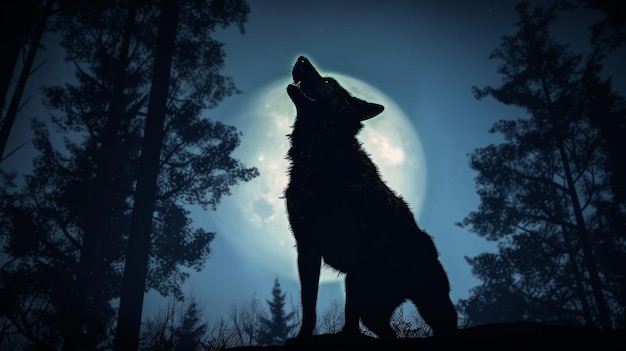 Photo silhouette of howling wolf against dark toned foggy background and full moon