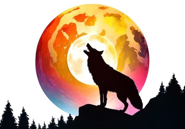 Photo silhouette of howling wolf with full moon background